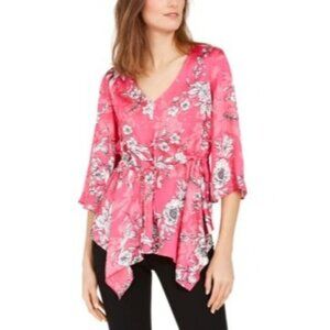 Nine West quarter sleeve neck pink floral printed blouse waist tie details Large